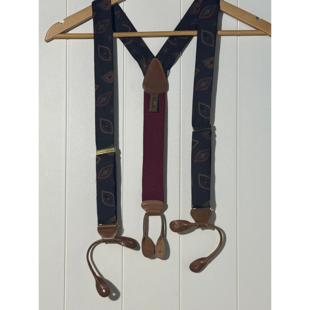 Trafalgar Navy Paisley Silk Suspenders Leather Button Braces Adjustable